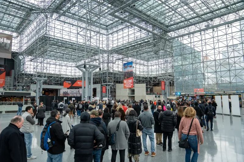 Attendees arriving at a past Installer Show in a glass-roofed exhibition hall